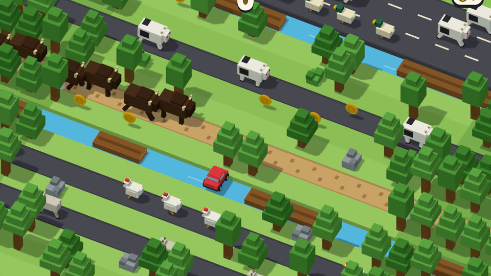 Stampede: a red car crossing lanes of animals on a voxel road